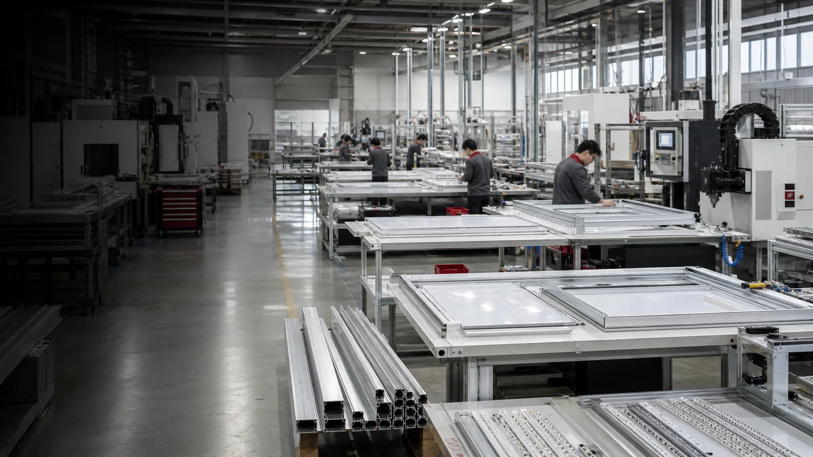 Bincheng-style factory floor producing aluminum display hardware
