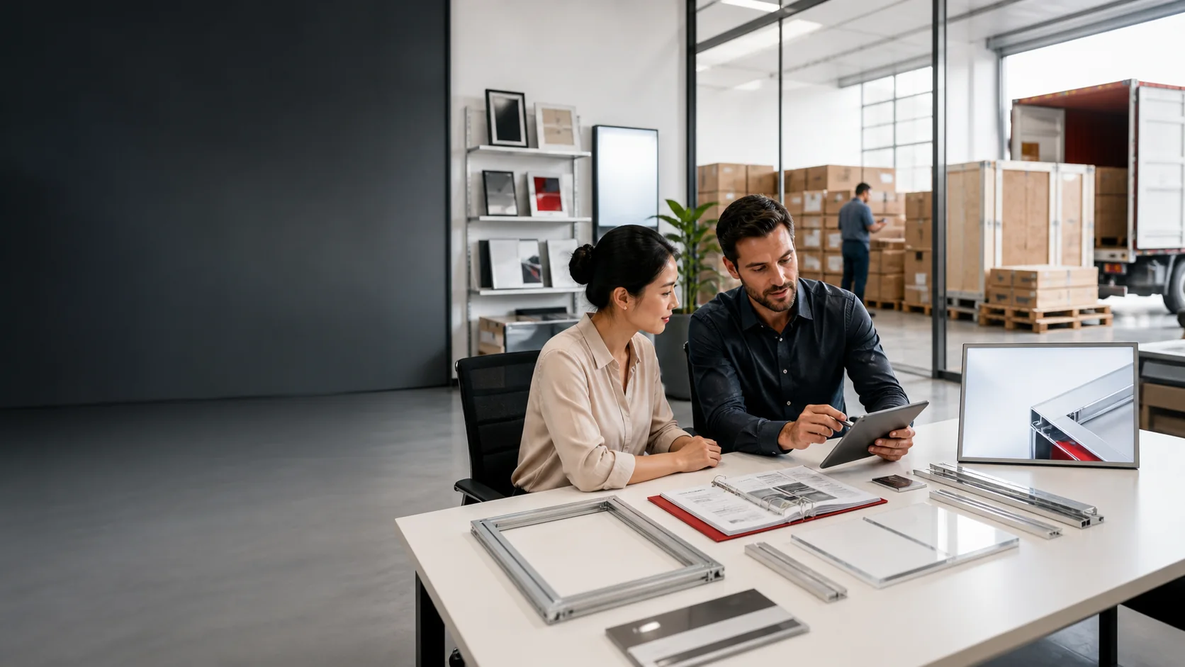 Sales office and packing area for display hardware export inquiries