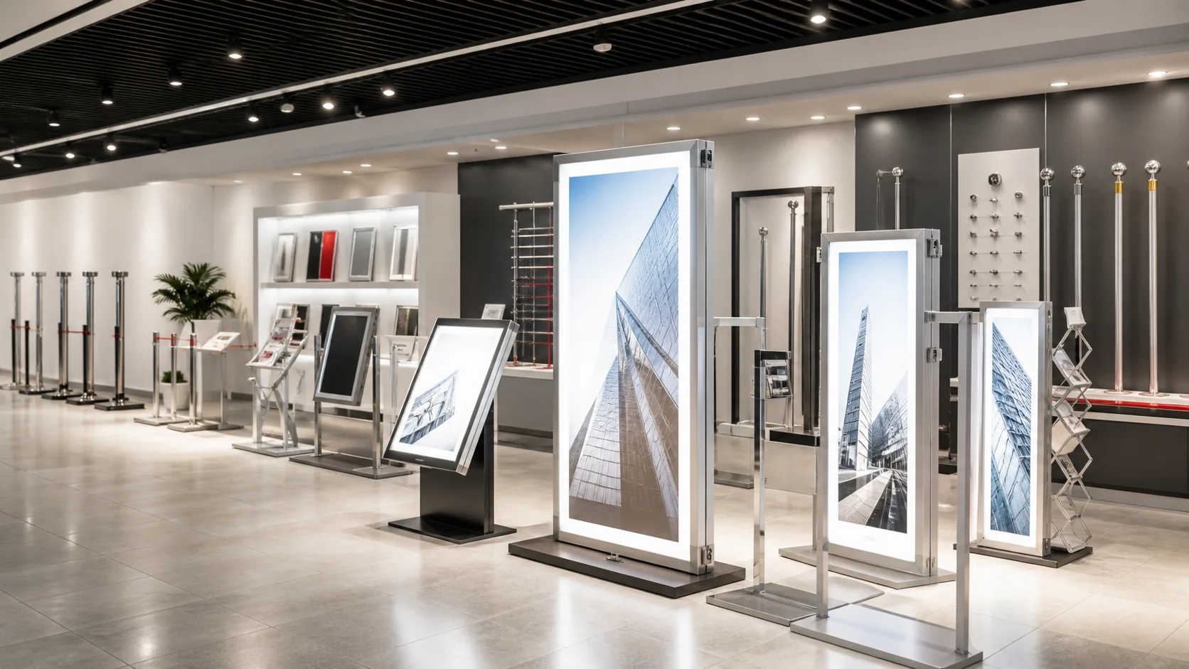 Exhibition hall filled with Bincheng display stands and LED light boxes